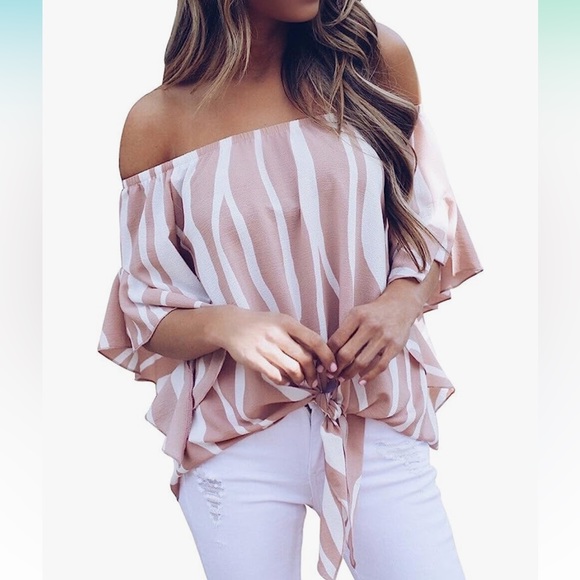 Tops - Large off the shoulder, pink and white, women’s top